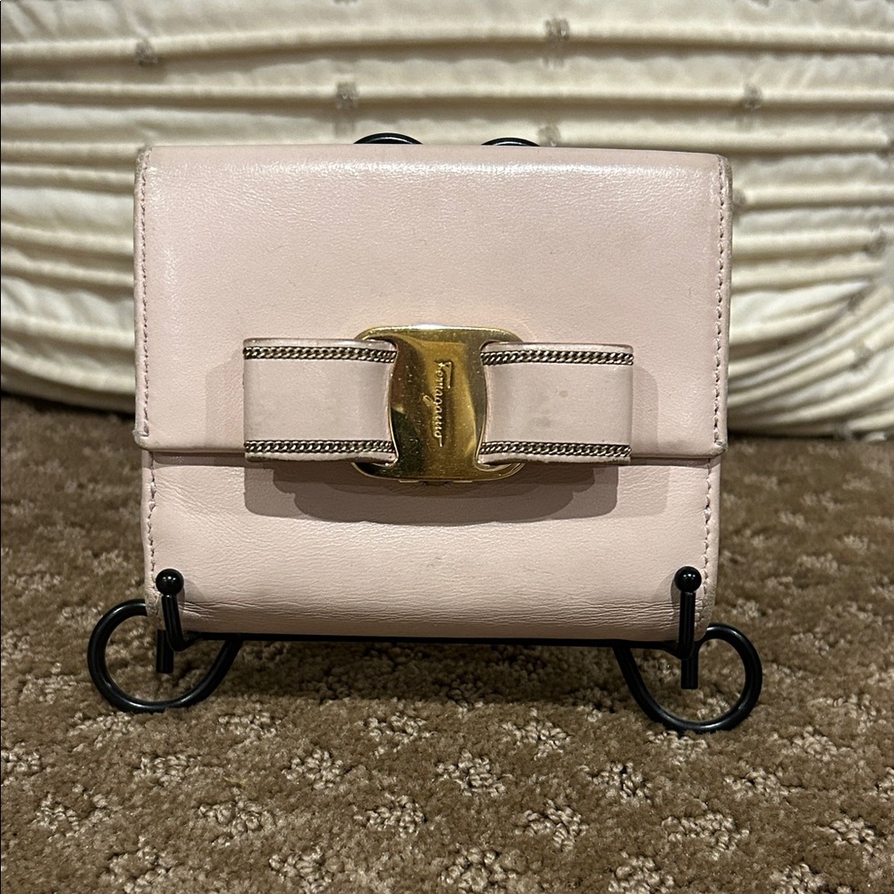 Salvatore Ferragamo Pale Pink Vara Bow Leather Wallet with Gold Accent
